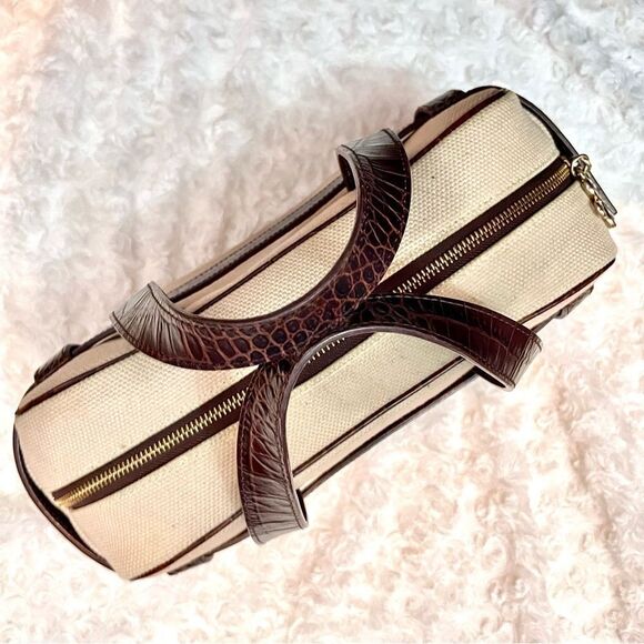 Vintage Diane Von Furstenberg Croc Embossed Leather and Cream Canvas Handbag - Picture 4 of 11